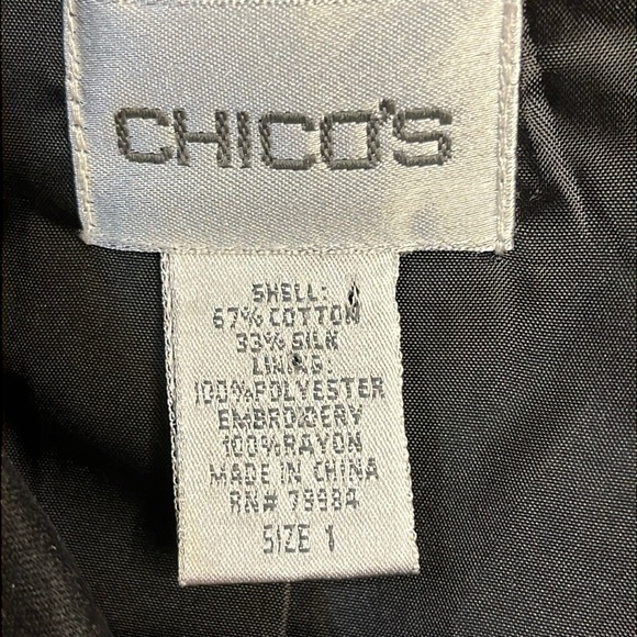 Chico’s Silk Blend Black Fuchsia Floral Embroidered Lined Jacket Sz 1 M/8 - Picture 7 of 13